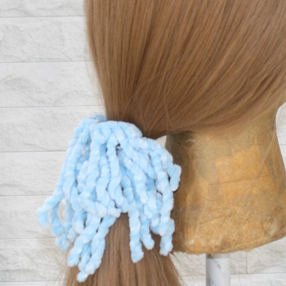 HAND CRAFTED Hair Scrunchie Fringe Crochet Kids Chenille Oversized Pastel Blue